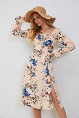 Elegant Ruffled Floral Frocks For Women Multi Color Fashion Print Dress Flared Sleeves