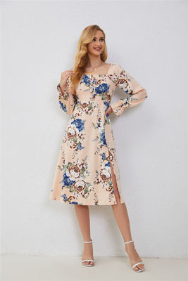 Elegant Ruffled Floral Frocks For Women Multi Color Fashion Print Dress Flared Sleeves