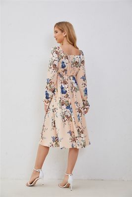 Elegant Ruffled Floral Frocks For Women Multi Color Fashion Print Dress Flared Sleeves