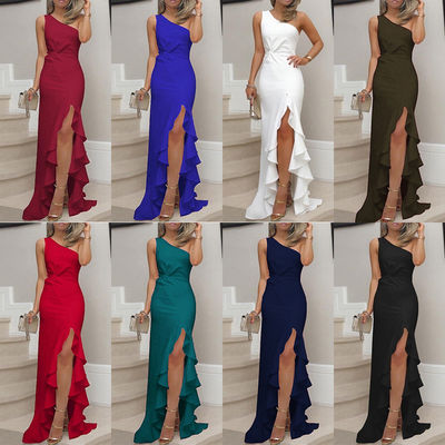 Slit Slimming Evening Dresses Ruffled Hem Sleeveless Evening Dress