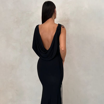 V Neck Slim Evening Dress Solid Color Tie One Shoulder Hollow Black Sexy  Evening Dress
