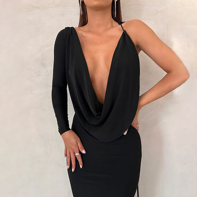 V Neck Slim Evening Dress Solid Color Tie One Shoulder Hollow Black Sexy  Evening Dress
