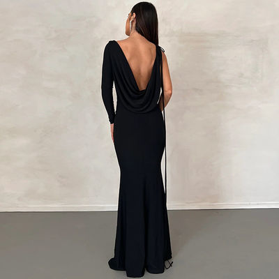V Neck Slim Evening Dress Solid Color Tie One Shoulder Hollow Black Sexy  Evening Dress
