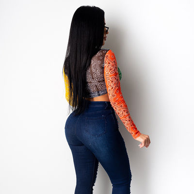 Crew Neck Long Sleeved T Shirt Printed Midriff Slim Fit Pullover T Shirt