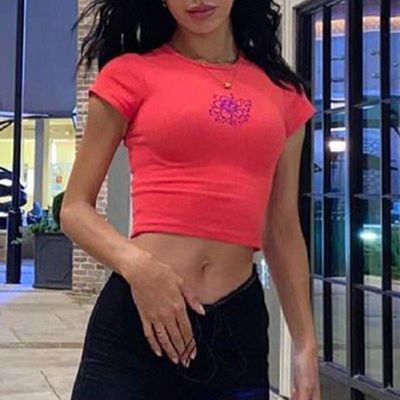 Round Neck Sexy Tight T Shirts Solid Color Sexy Crop Tight Fit Short Sleeve Shirt