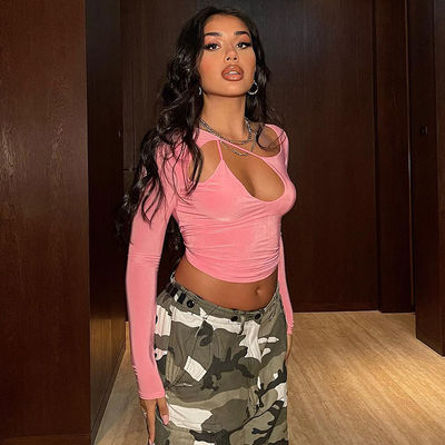 Bold Pink Tight T Shirt Sexy Tie Close Fitting Hollow Neck Tight Long Sleeve Shirt