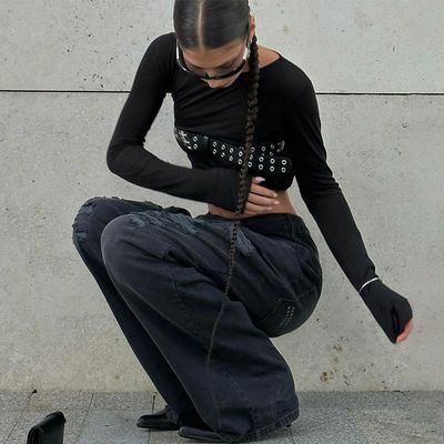 Fashion Spice Sexy Tight T Shirts Round Neck Slim Long Sleeve T Shirt Solid Pattern