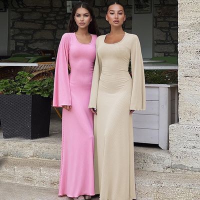 Stylish Long Sleeve Slim Dress U Neck Back Lace Up Solid Color Long Sleeve Dresses