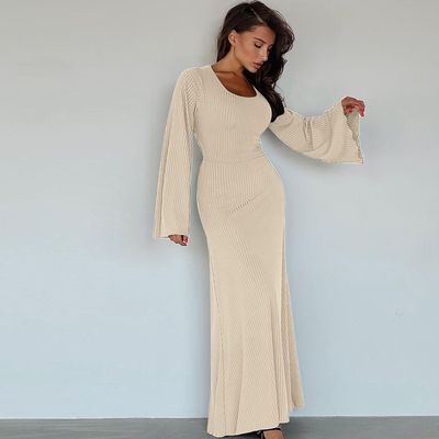 Stylish Long Sleeve Slim Dress U Neck Back Lace Up Solid Color Long Sleeve Dresses