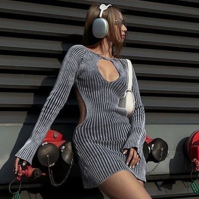 Fashion Slim Knitted Dress Sexy Backless Woolen Long Sleeved Hip Wrap Dress
