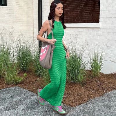 Solid Color Slim Knitted Dress Stylish Slim Sexy Breathable Backless Lace Up Dress