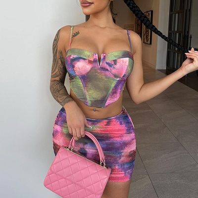 Fashion Crop Top Short Skirt Set Print Halter Slim Fit 2 Piece Short Skirt Set