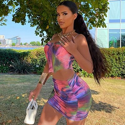 Fashion Crop Top Short Skirt Set Print Halter Slim Fit 2 Piece Short Skirt Set