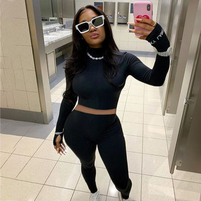 Zipper Two Piece Sport Set High Neck Slit Embroidery Letter Sexy Gym Wear