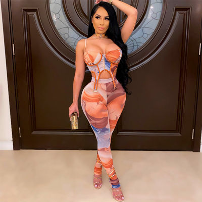 Zipper Print Sexy Workout Outfits Halter Tank And Pant Casual Sexy Gym Wear
