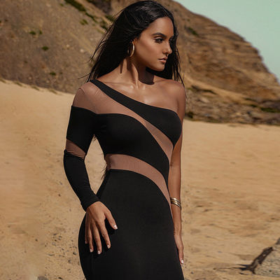 Customized One Shoulder Midi Dress Fashion Mesh Perspective Skew Neck Dress Sexy