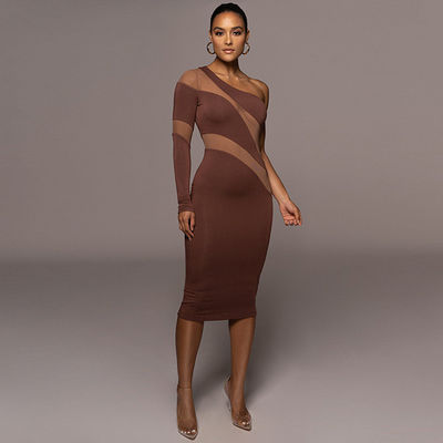Customized One Shoulder Midi Dress Fashion Mesh Perspective Skew Neck Dress Sexy