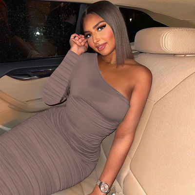 Ruffled One Shoulder Tube Dress Stylish One Shoulder Long Sleeve Slim Dress