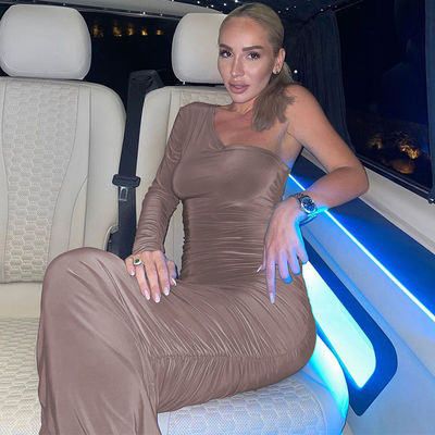 Ruffled One Shoulder Tube Dress Stylish One Shoulder Long Sleeve Slim Dress