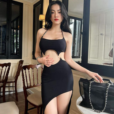 Slit Halter Neck Dress Stylish Sexy Backless Cut Out Halter Dress Slim