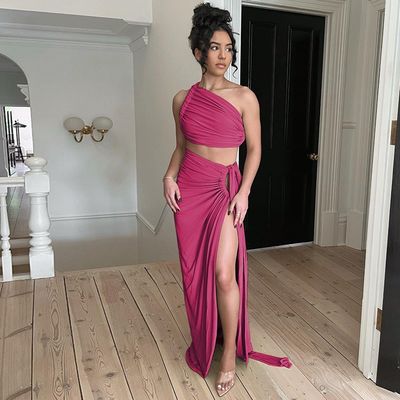 V Neck Women'S Short Sleeve Dress Collection Sexy Backless Strapless Top Slim Split Skirt Set