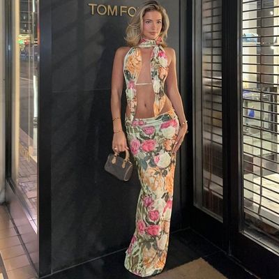 Sexy Backless Strapless Top Slim Split Skirt V Neck Long Length