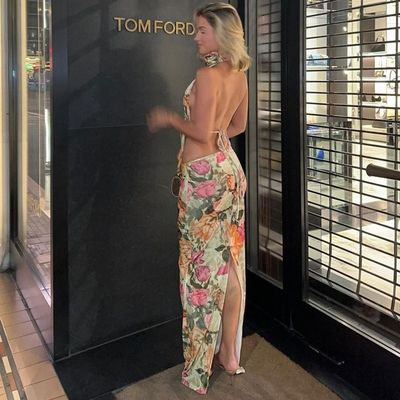Sexy Backless Strapless Top Slim Split Skirt V Neck Long Length