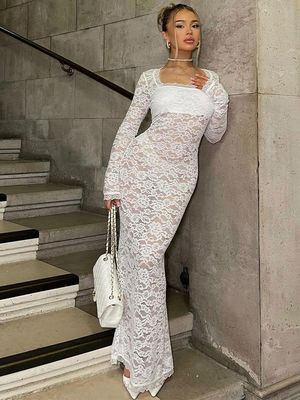 Polyester Package Hip Dress Lace Stitching See Through Long Sleeve Bag Hip Square Collar Lace Dress