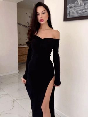 Solid Pattern Collar Banquet Long Evening Dress Sexy Temperament Slim Dress Woman