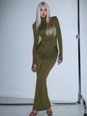 Custom Slim Solid Color Hip Wrap Dress High Neck Long Sleeve