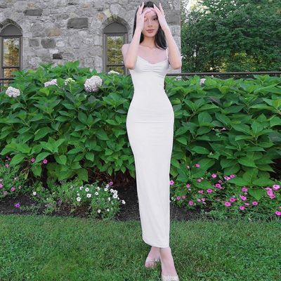 Solid Color Slim-fit Fresh Style All-in-one V-neck Halter Long Dress