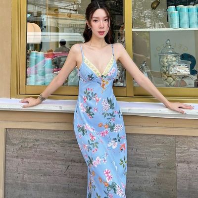 Summer New Fashion Print Sexy Backless Lace Halter Dress