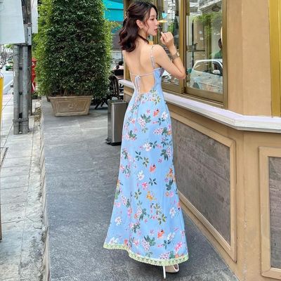 Summer New Fashion Print Sexy Backless Lace Halter Dress