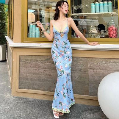 Summer New Fashion Print Sexy Backless Lace Halter Dress