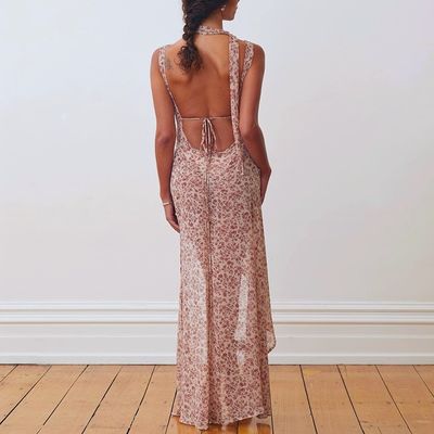 New Women's Halter Floral Sexy Backless Split Lace-up Dress