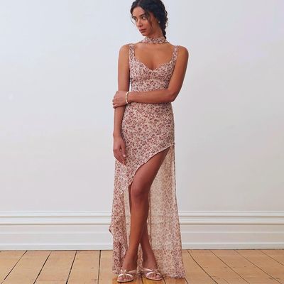 New Women's Halter Floral Sexy Backless Split Lace-up Dress