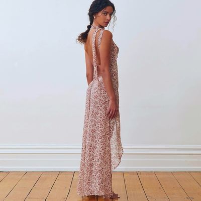 New Women's Halter Floral Sexy Backless Split Lace-up Dress