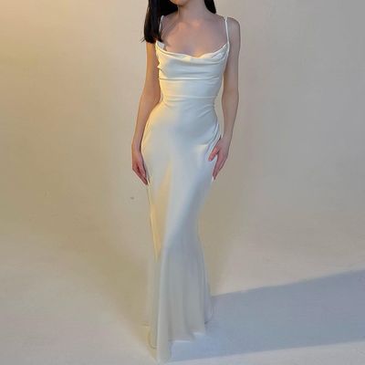Summer temperament wind Europe and the United States new solid color splicing lace waist long slim-fit halter dress