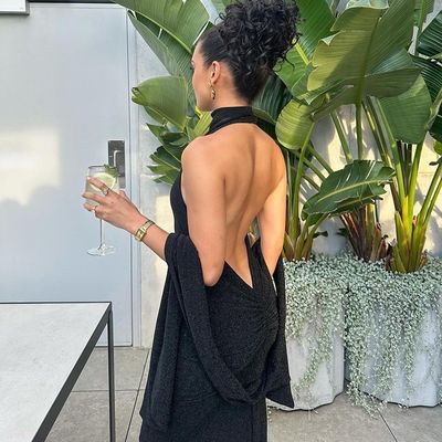 Fashion temperament new sexy blockbuster halter halter slim splicing sleeve long bright silk dress