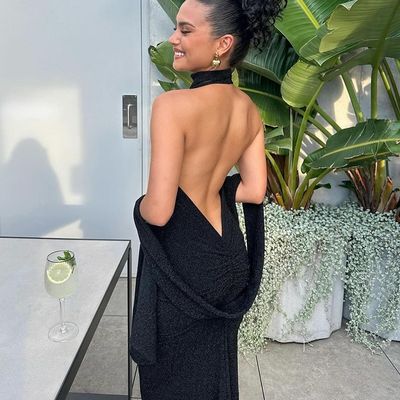 Fashion temperament new sexy blockbuster halter halter slim splicing sleeve long bright silk dress