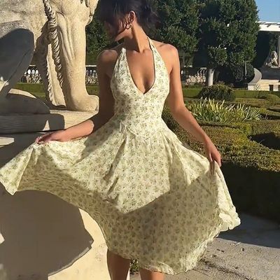 Custom Women's Summer Sweet Wind Backless Halter Fashion Floral Pattern Corset Skirt Dress