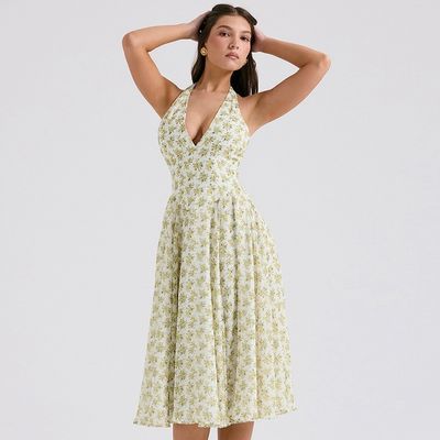 Custom Women's Summer Sweet Wind Backless Halter Fashion Floral Pattern Corset Skirt Dress
