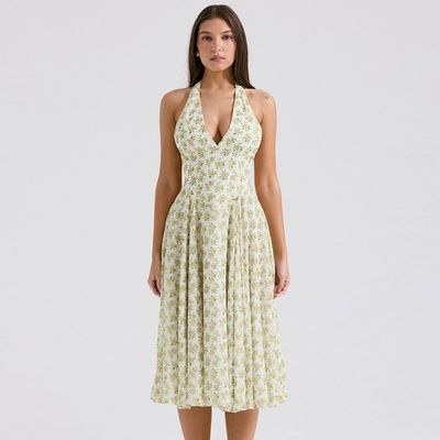 Custom Women's Summer Sweet Wind Backless Halter Fashion Floral Pattern Corset Skirt Dress