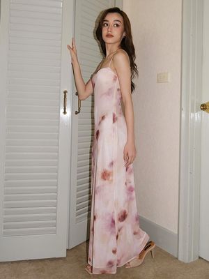The New Custom French Light Style Backless Sleeveless Slim Long Printed Halter Dress