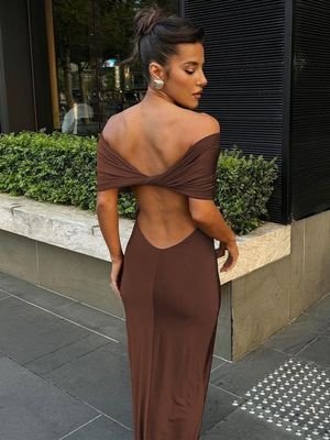Custom One - line Shoulder Pleat Dress Slimming Slit Bottom Skirt Dress Woman