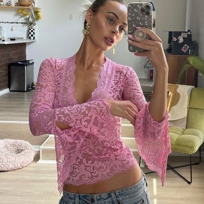 New Sexy Deep V Slim-fit Everything Short Crop Custom Lace Long Sleeve Spice Girl Style Lace Top
