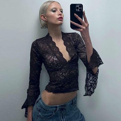 New Sexy Deep V Slim-fit Everything Short Crop Custom Lace Long Sleeve Spice Girl Style Lace Top