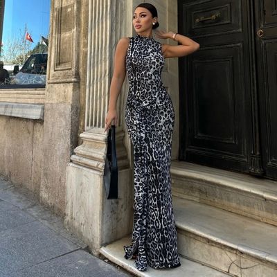 New Fashion Custom Print Slim Waistband Slit Sleeveless Dress