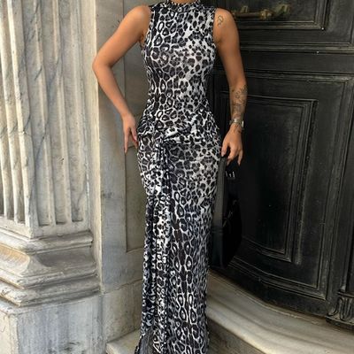 New Fashion Custom Print Slim Waistband Slit Sleeveless Dress