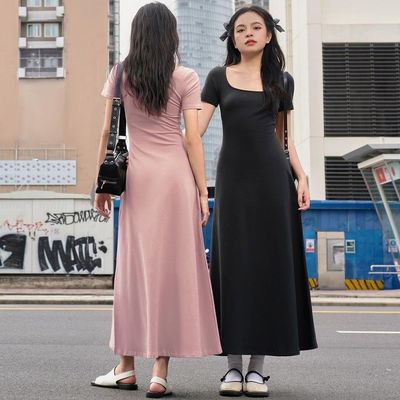 Fashion Street Photo Slim Solid Color U - neck Short - sleeved Dress